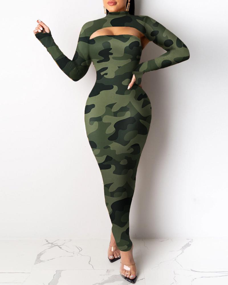 

Print Mock Neck Long Sleeve Top & Tube Dress Sets, Army green