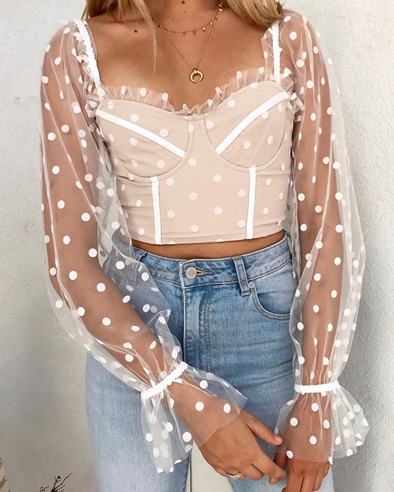 

Dot Print Sheer Bell Bottom Sleeve Blouse, Apricot