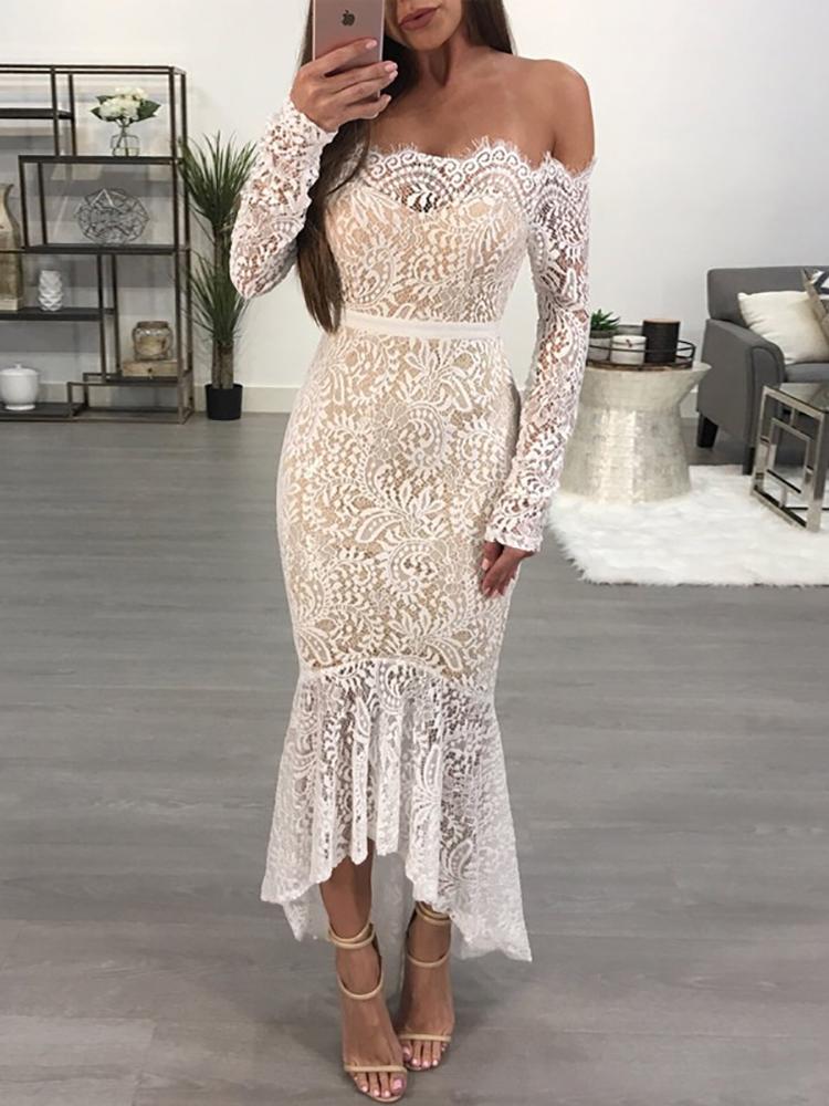 

Lace Off Shoulder Dip Hem Mermaid Dress, White