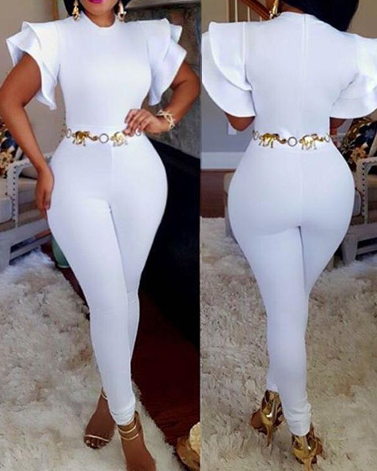 

Ruffled Short Sleeve Slinky Jumpsuits, White