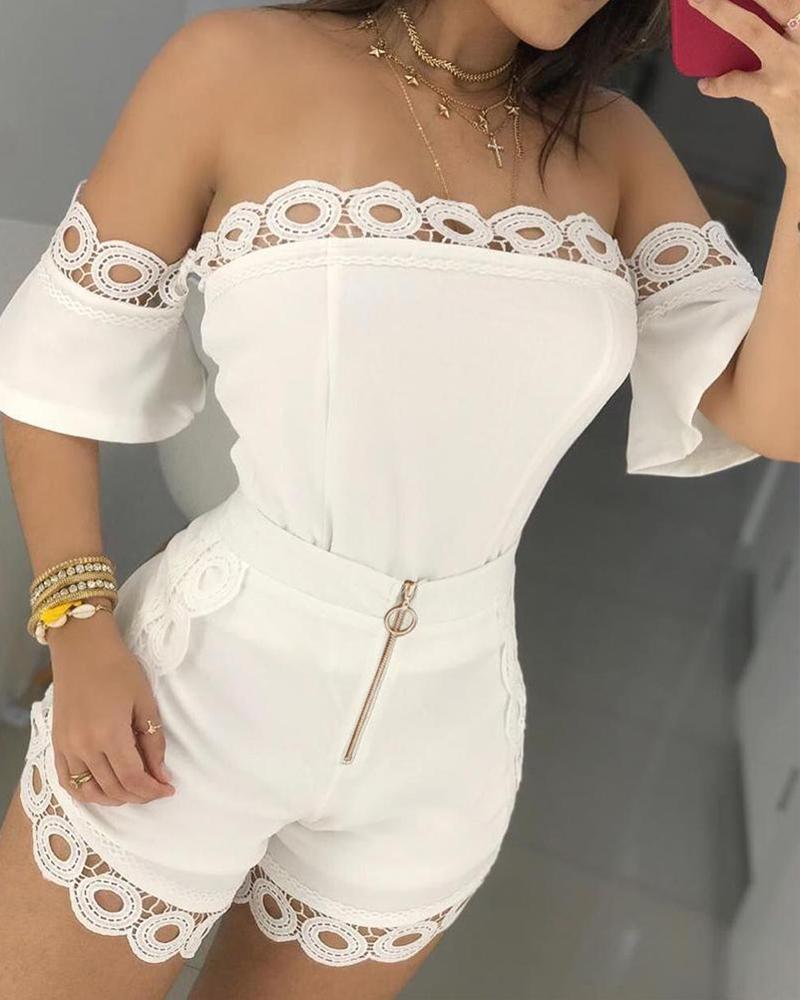 

Off Shoulder Hollow Out Lace Detail Top & Sets, White