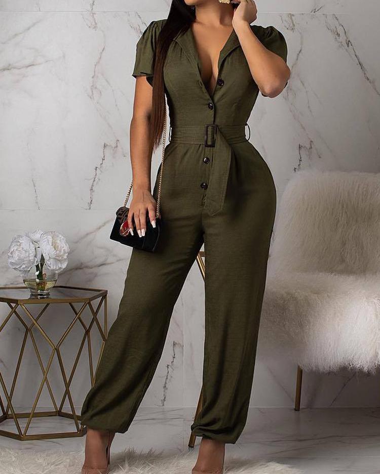 

Short Sleeve Casual Jumpsuit With Belt