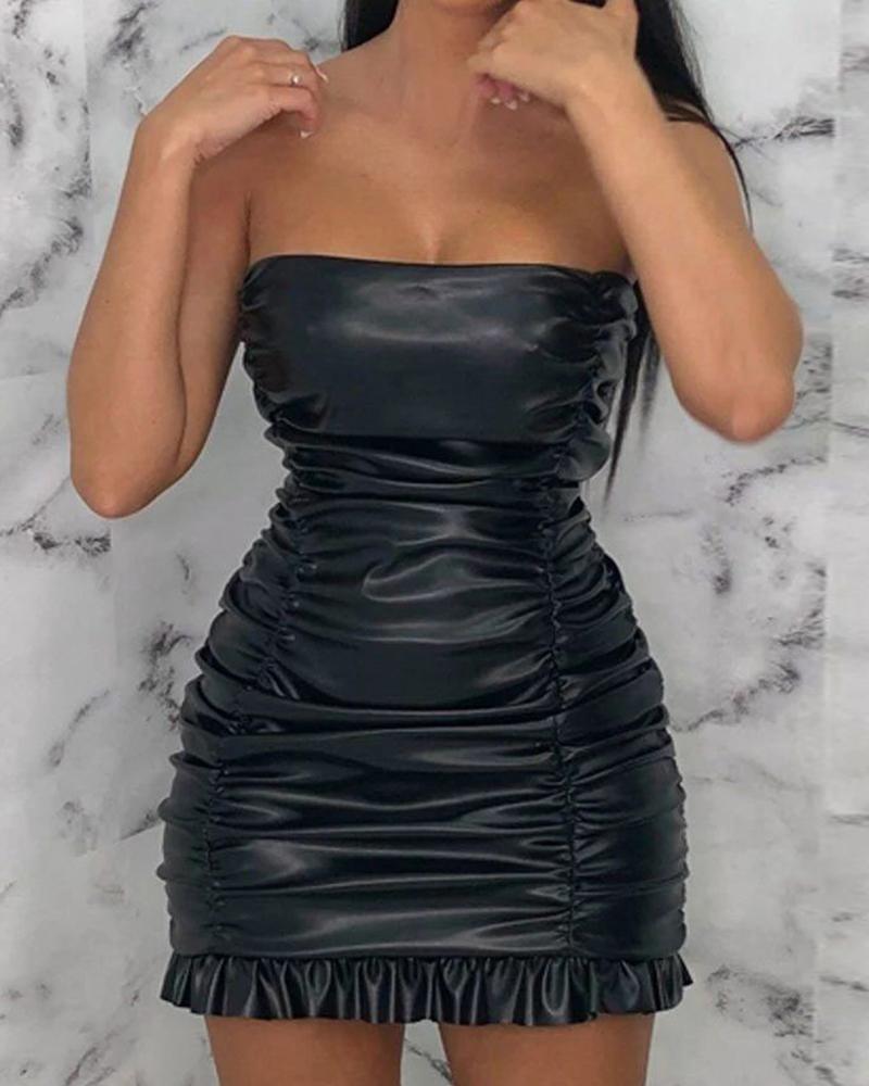 

Faux Leather Ruched Frill Hem Bodycon Dress, Black
