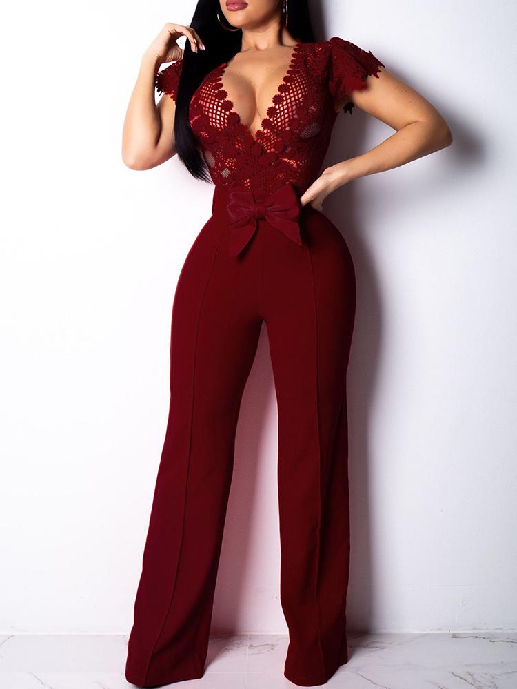 

Lace Bodice Bowknot Embellished Jumpsuit, Wine red