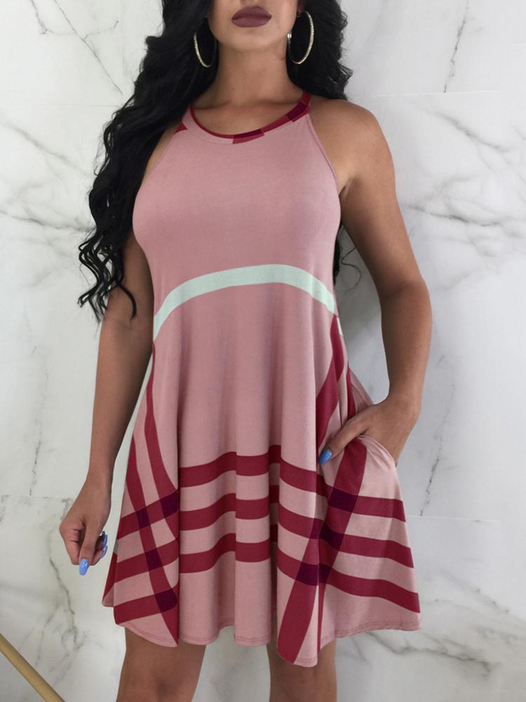 

Fashion Plaid Sleeveless Casual Dress, Pink