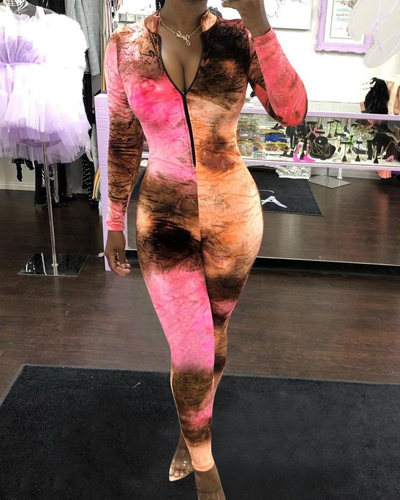 

Mock Neck Tie Dye Zipper Design Jumpsuit, Pink