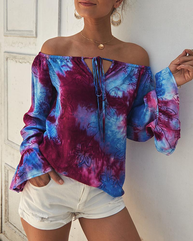 

Off Shoulder Bell Sleeve Tie Dye Print Blouse, Red