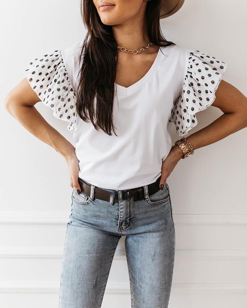 

V-neck Dots Mesh Sleeve T-shirt, White
