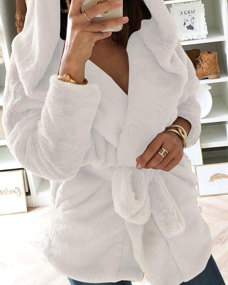 

Solid Fluffy Hooded Belted Casual Coat, White