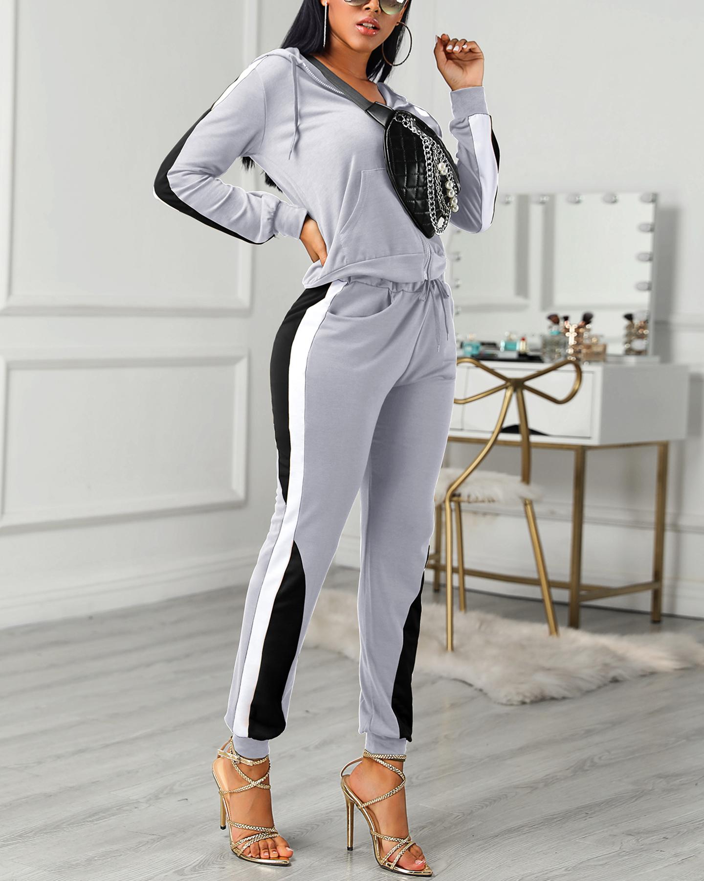 

Colorblock Drawstring Design Zipped Top & Pant Sets, Gray
