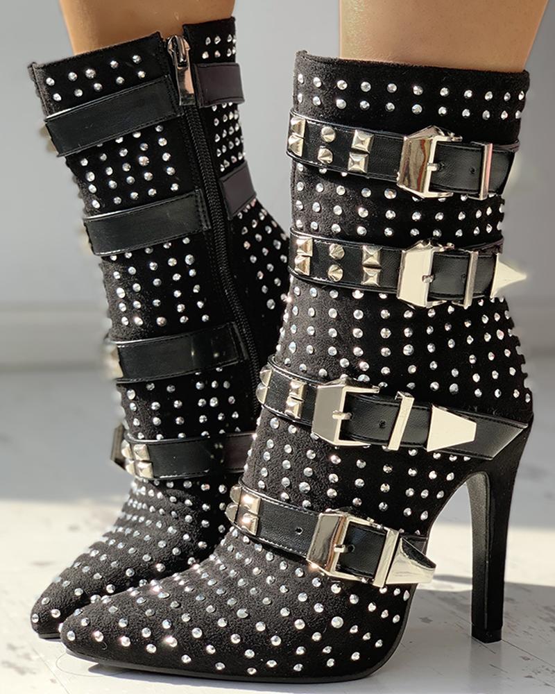 

Suede Rivet Buckled Thin Heeled Boots, Black