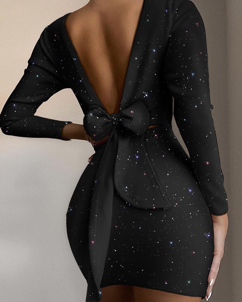 

Glitter Bowknot Backless Long Sleeve Dress, Black