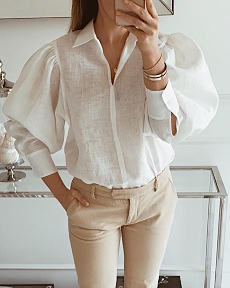 

Solid Puffed Sleeve Casual Shirt, White