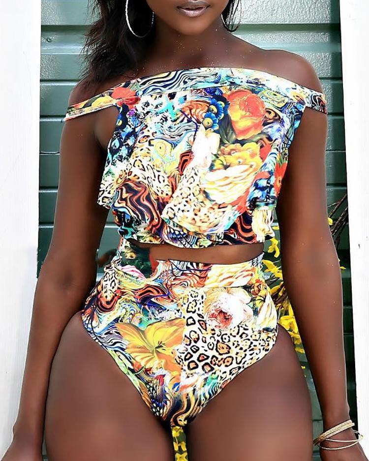 

Floral Print Off Shoulder Tankini Swimsuit Sets, Multicolor