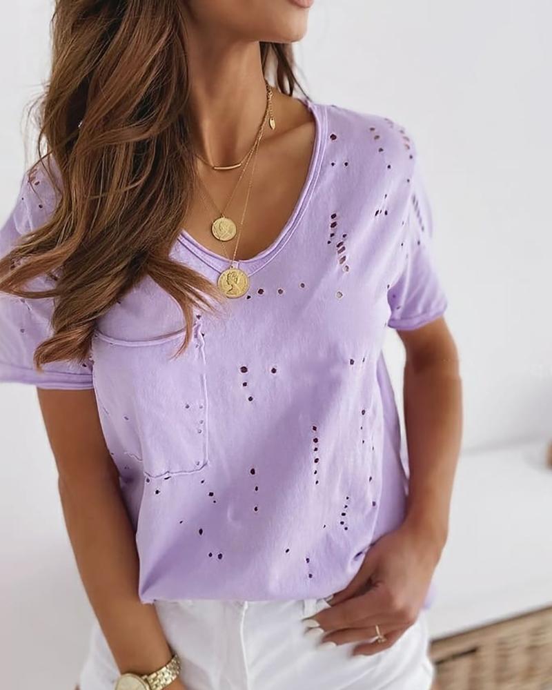 

Pocket Design Hollow Out Casual T-shirt, Purple