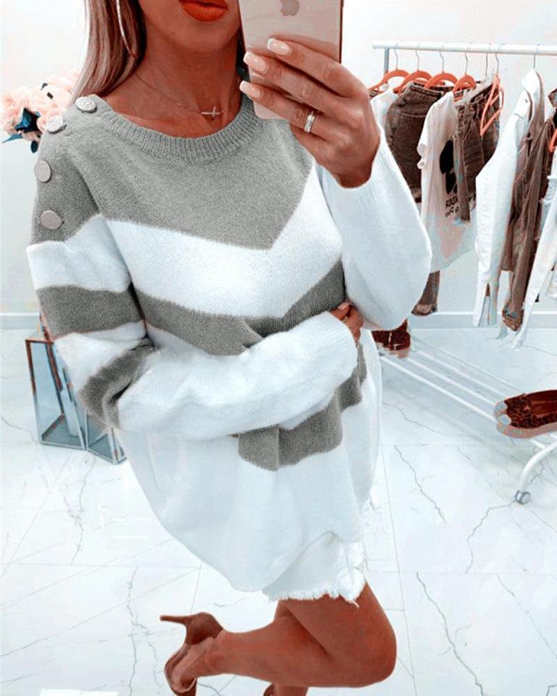 

Colorblock Striped Long Sleeve Sweater, Gray