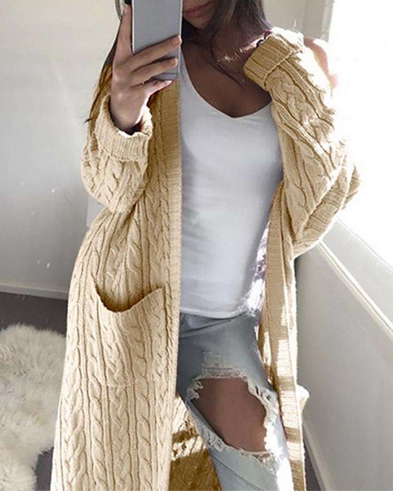 

Solid Open Front Pocket Longline Cardigan, Khaki