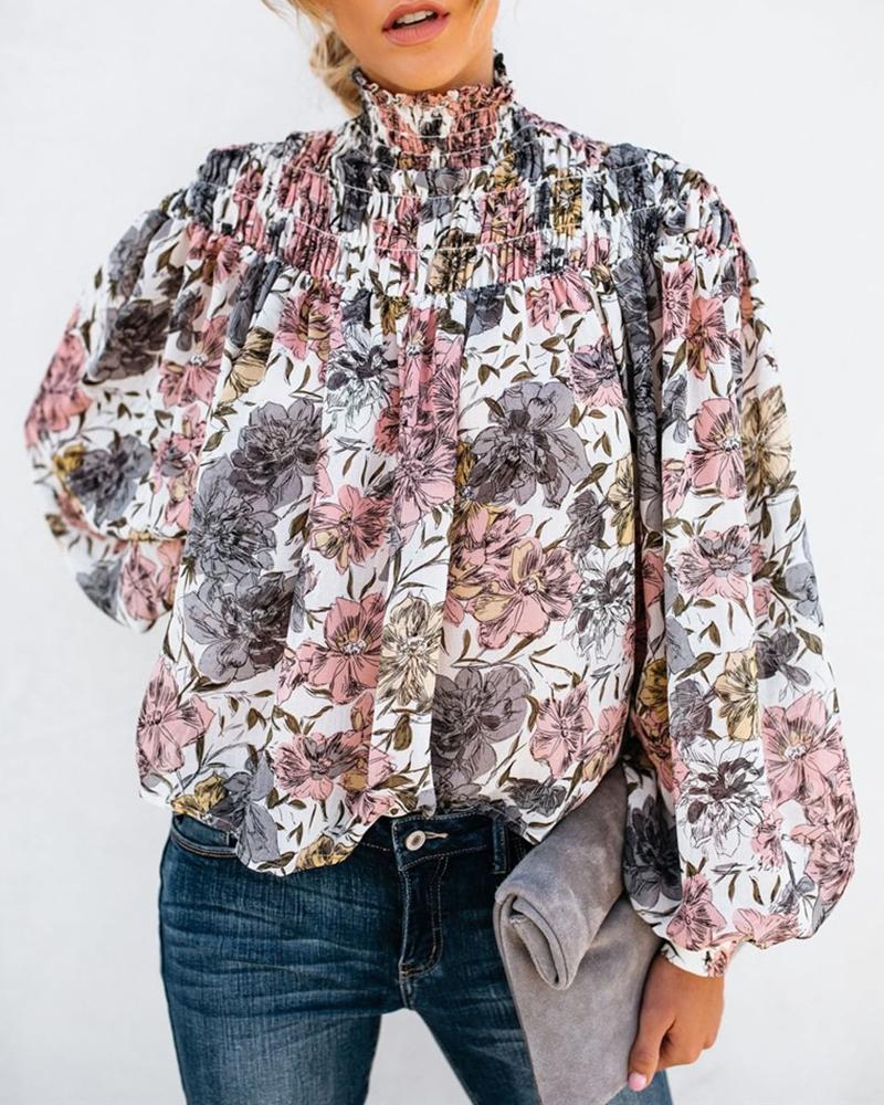 

Floral Print Lantern Sleeve Blouse, Pink