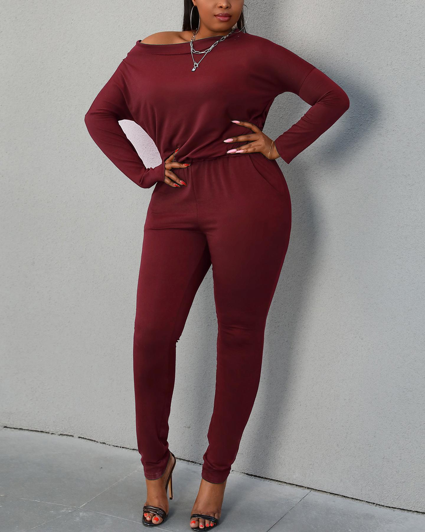 

Plain Long Sleeve Top & Pants Set, Red
