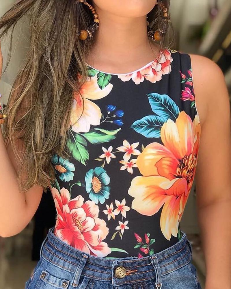 

Tropical Print Sleeveless Casual Top, Black