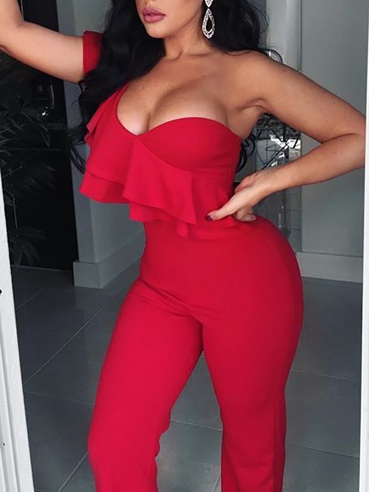 

One Sided Layered Ruffles Slinky Jumpsuit