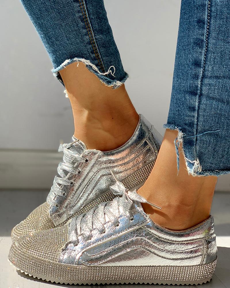 

Sequins Casual Lace-Up Sneakers, Silver