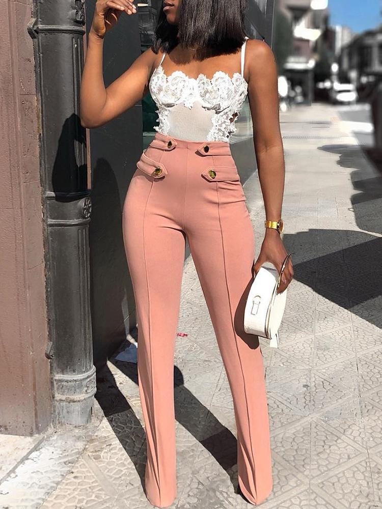 

Slinky Button Embellished High Waist Pants