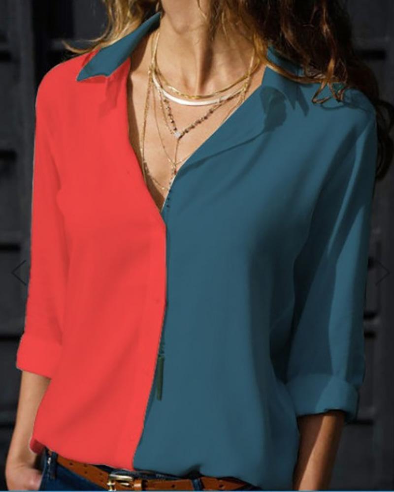 

V-Neck Long Sleeve Contrast Color Shirt, Red