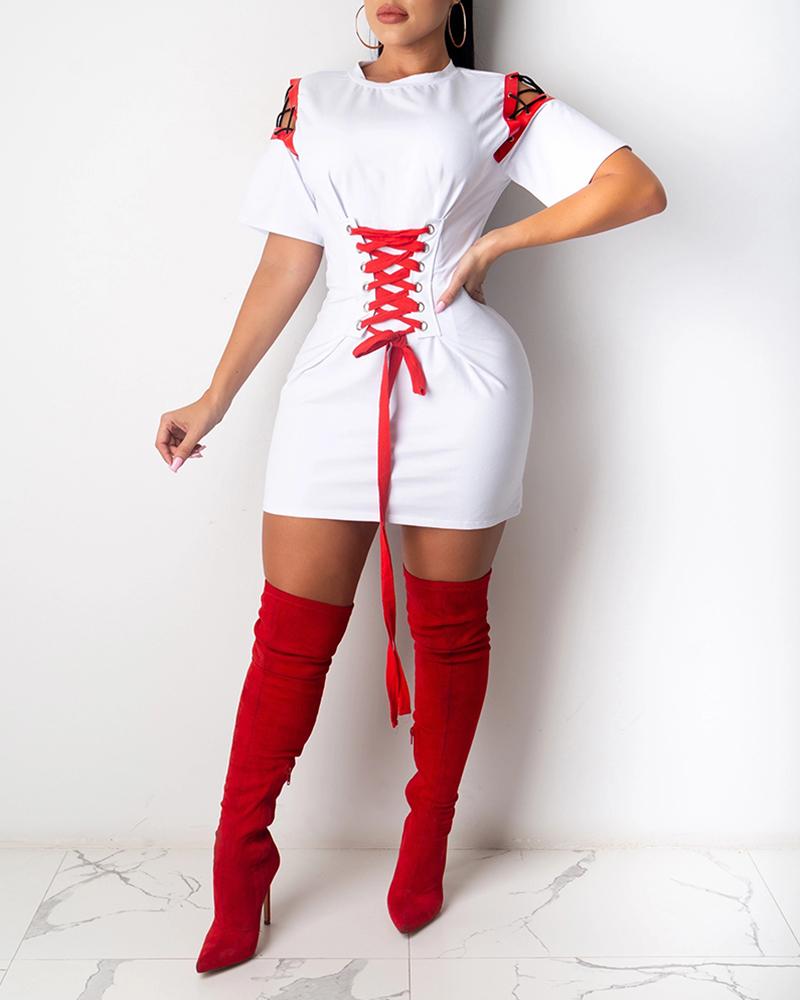 

Eyelet Lace-up Cutout Short Sleeve Bodycon Dress, White