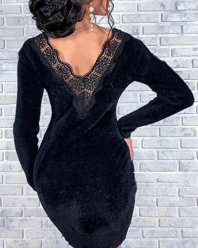 

Mesh Lace Long Sleeve Bodycon Dress, Black