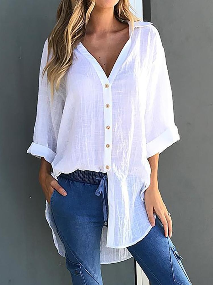 

Solid Button Through Knot Side Loose Blouse