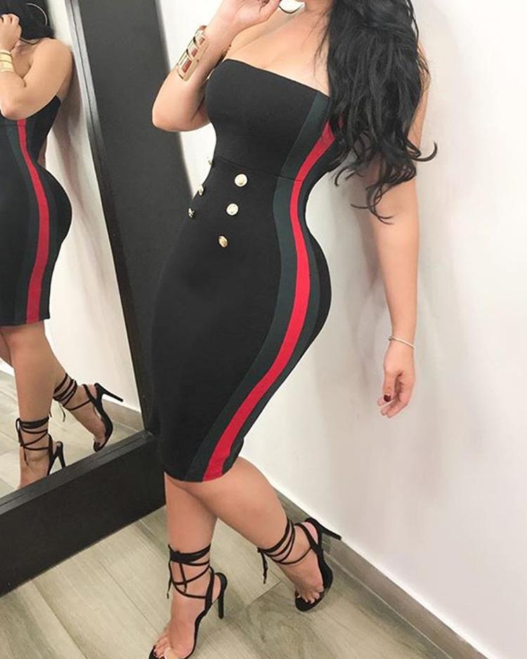 

Side Stripes Button Off Shoulder Midi Dress