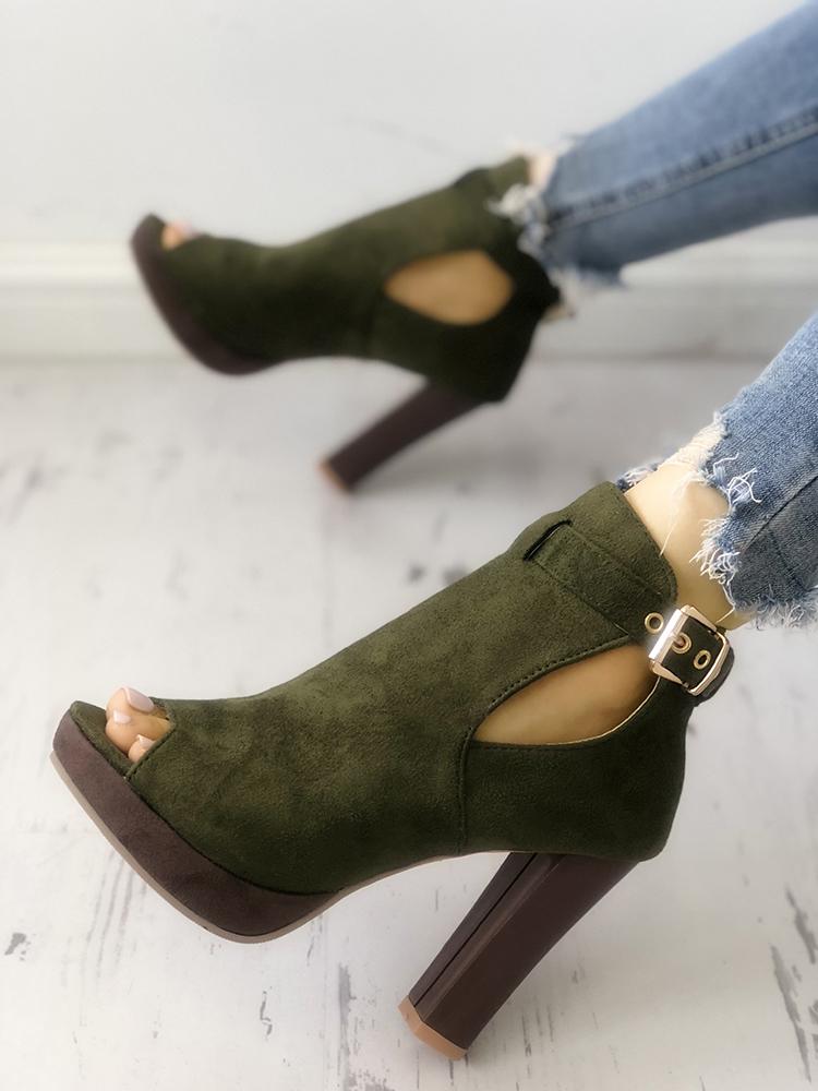 

Solid Suede Peep Toe Buckled Chunky Heels, Army green