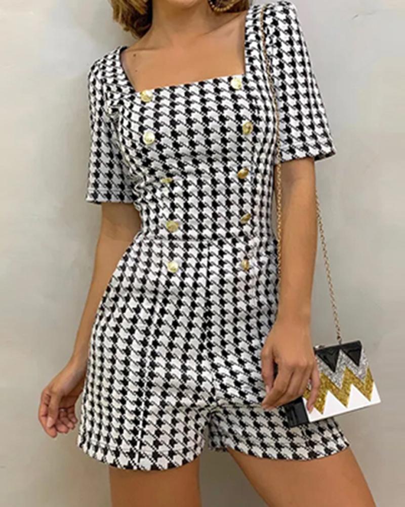 

Houndstooth Double-Breasted Short Sleeve Romper, Black