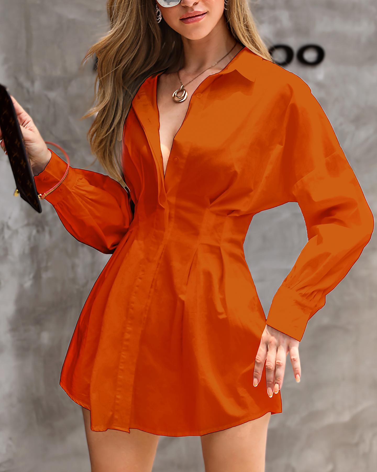 

Solid Long Sleeve Tight Waist Shirt Dress, Orange
