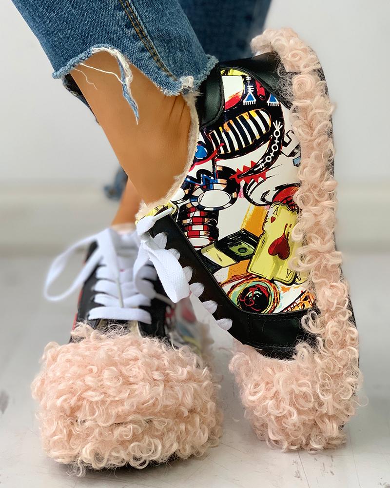 

Fluffy Lace-Up Comic Print Casual Sneakers, Pink