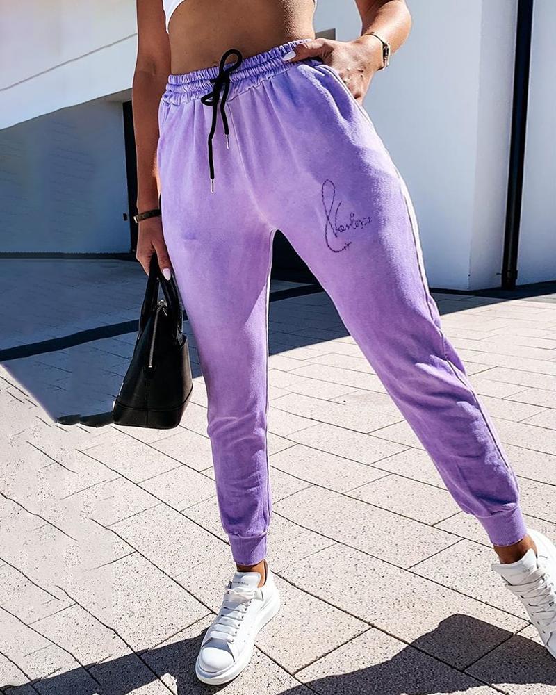 

Letter Pattern Print Drawstring Jogger Pants, Purple