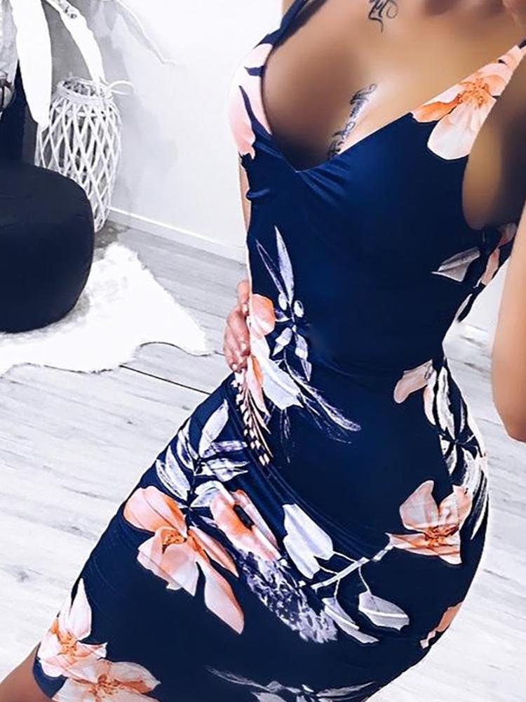 

Vintage Floral Spaghetti Strap Bodycon Plunge Dress