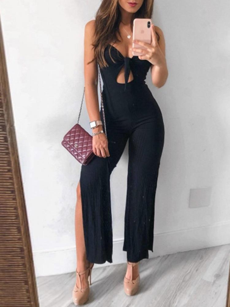 

Stylish Bowknot Cutout Solid Slip Jumpsuit, Black