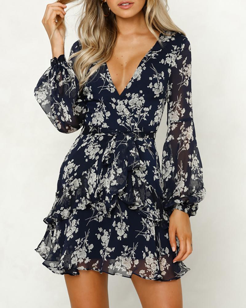 

Long Sleeve V-Neck Print Dress, Dark blue