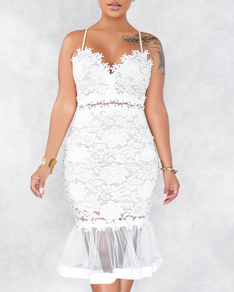 

Sling Lace Ruffles Hem Dress, White