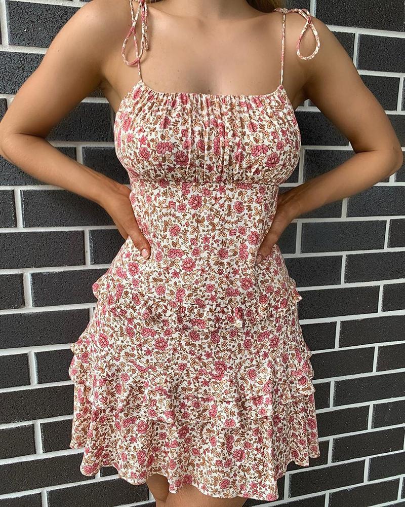 

Floral Print Ruffles Ruched Spaghetti Strap Dress, Pink