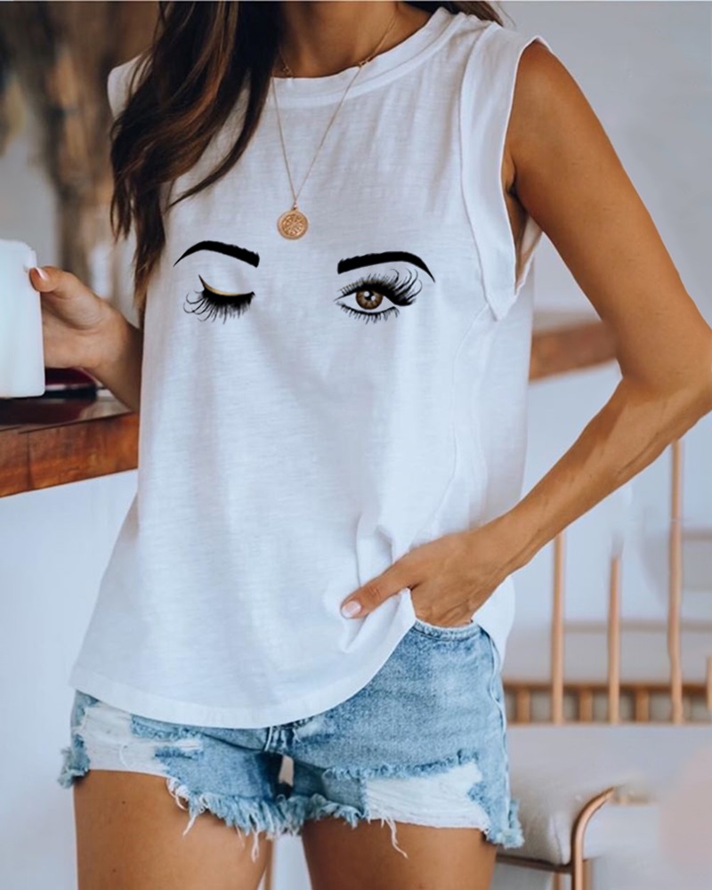 

Eyes Print Sleeveless Casual Top, White
