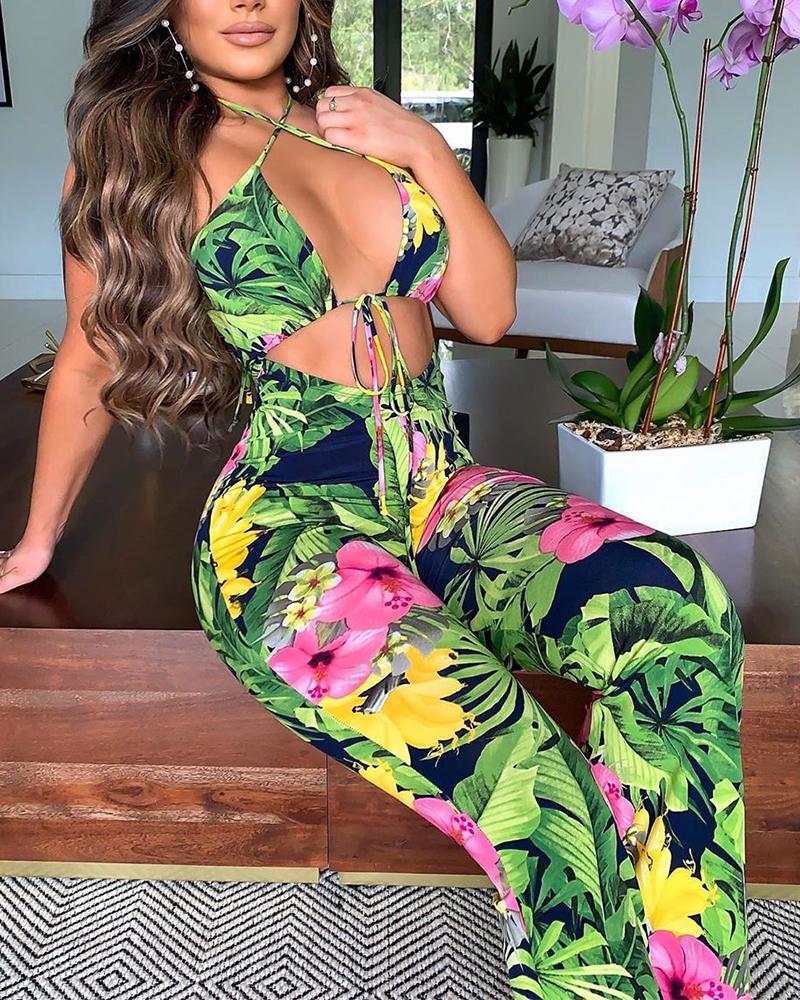 

Tropical Print Backless Halterneck Jumpsuit, Multicolor