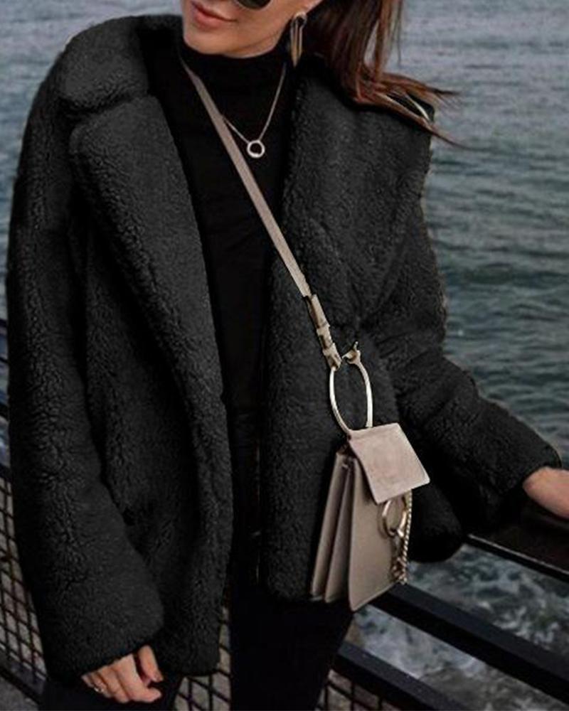 

Solid Teddy Faux Fur Coat, Black