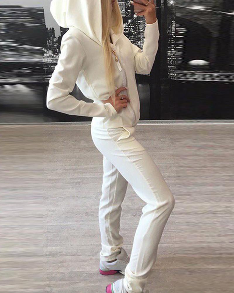 

Solid Hooded Zip Front Tracksuit, White