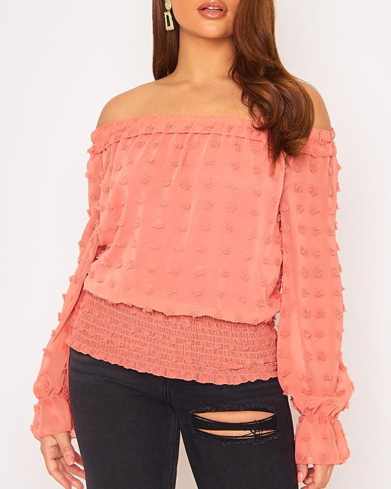 

Off Shoulder Mesh Long Sleeve Blouse, Pink
