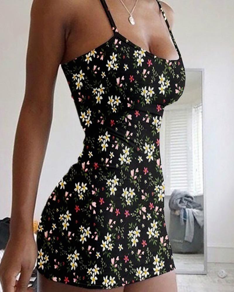 

Floral Print Spaghetti Strap Mini Dress, Black