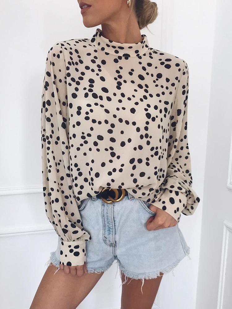 

Mock Neck Lantern Sleeve Dots Blouse, Apricot