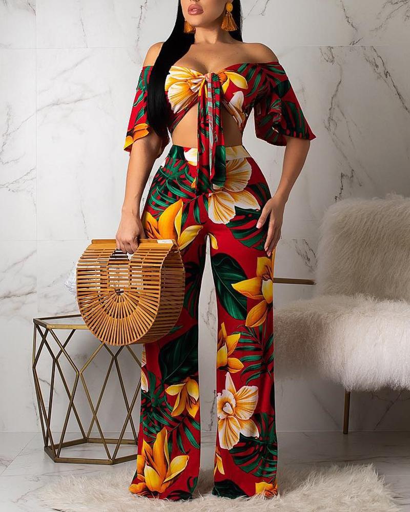 

Tropical Print Off Shoulder Knotted Crop Top & Pants Set, Multicolor